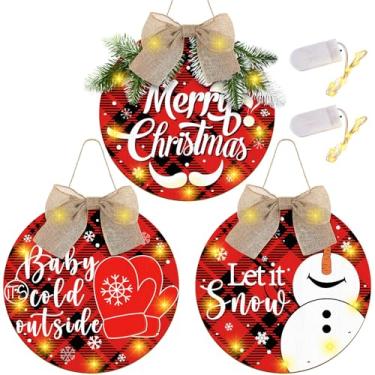 Imagem de 3 peças de placa de pendurar de madeira de Natal com luzes de LED, guirlanda xadrez de búfalo de 30,5 cm, decorações de porta de Natal, enfeites de natal rústicos de juta para porta da frente, parede de janela interna, decoração de férias ao ar livre
