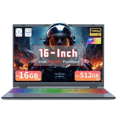 Imagem de Laptop com tela sensível ao toque de 16 polegadas, i3-8109U, 16 GB de RAM, SSD de 512 GB, teclado retroiluminado RGB, reconhecimento facial, abertura e fechamento de 180 graus, Win 11 Pro (16 GB de