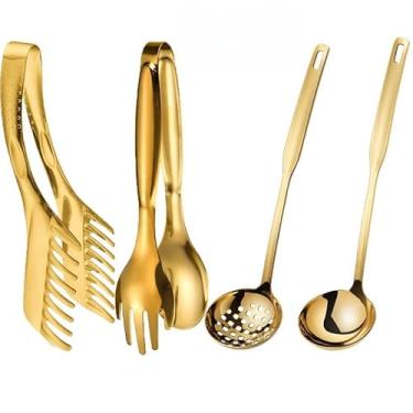 Imagem de Talheres Kit 4 De Aço Inox Servindo Utensílios Pinça para pão, pinça para bife, colher de sopa, escorredor Dourado