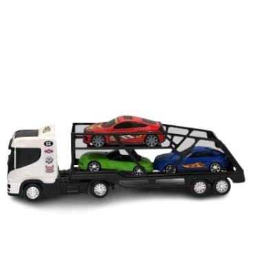 Imagem de Caminhão Transportador de Carros de Brinquedo, Carreta Cegonha com 4 Carros Esportivos, Branco e Preto