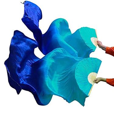 Imagem de TMZAQH Women 1 Pair (Left+Right) Silk Belly Dance Fans Veil Belly Dancing Long Folding Fans Length 150 cm Width 90 cm (Turquoise Blue)