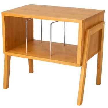 Imagem de Mesa de cabeceira empilhável de bambu - Mesa lateral pequena para sala de estar - Mesas de cabeceira de madeira modernas para quarto com armazenamento aberto