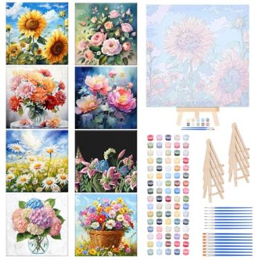 Imagem de RoundFunny Conjunto de 8 kits de pintura por números para adultos com mini pintura simples em tela de 20 x 20 cm, armação de madeira, cavalete de tintas acrílicas, pincéis engraçados, kit de desenho