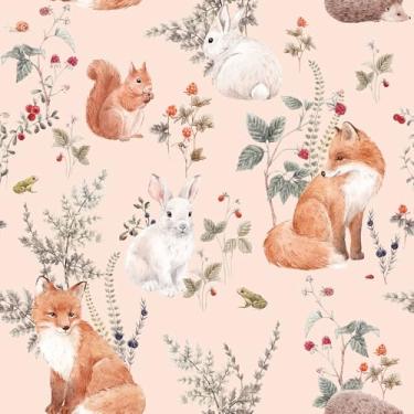 Imagem de Livelynine Papel de parede caprichoso de 17,5 x 276 papel de parede caprichoso flor rosa floresta animal papel de parede para quarto berçário quarto de meninas crianças menina conto de fadas jardim