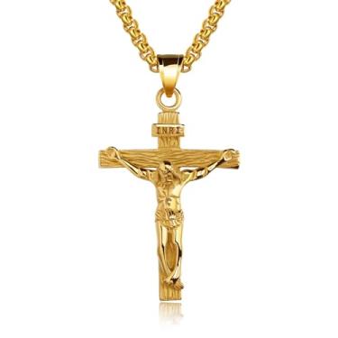 Imagem de coadipress Colar com cruz crucifixo para homens e mulheres Jesus Cristo no INRI crucifixo com pingente de cruz com corrente de aço inoxidável de 58 cm presentes cristãos, Middle, Aço inoxidável, Sem
