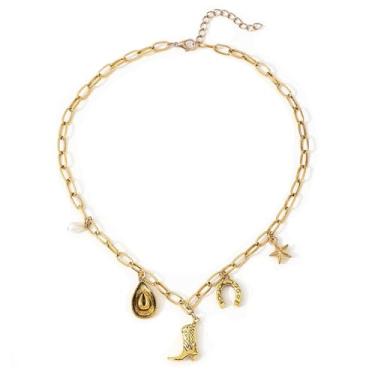 Imagem de Colares femininos de caubói ocidental, moderno, chapéu de vaqueira, botas, corrente dourada, colar de corrente de ouro para fantasia de vaqueira ocidental, bijuteria, chapéu de caubói e pingente