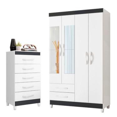 Imagem de Quarto Solteiro Completo Guarda Roupa Âmbar 4 portas com Espelho Cômod