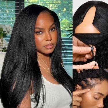 Imagem de Sunber Yaki, Peruca De Cabelo Humano Liso Com Parte Em V, Sem Cola, Atualização U, Deixar Fora, Leve, Feita À Máquina, Clipe Ao Meio, Formato Couro Cabeludo Real, Densidade 150%, 24 Polegadas