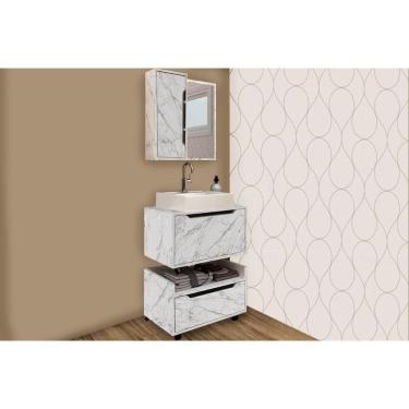 Imagem de Bancada de Banheiro Balcão Suspenso BN3646 e Balcão c/ Rodízios BN3647 60cm e Armário c/ Espelho BN3648 60cm Mármore Branco - Tecno Mobili
