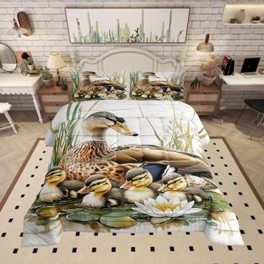 Imagem de Manfei Jogo de cama casal de animais, pato kawaii, conjunto de cama reversível, para decoração de quarto de crianças, conjunto de colcha de 3 peças, conjunto de edredom de cabana de madeira de fazenda