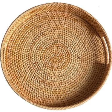 Imagem de Bandeja redonda de vime de 43 cm, bandeja de servir tecida à mão com alças, cesta de vime, bandeja decorativa para decoração de casa, natural
