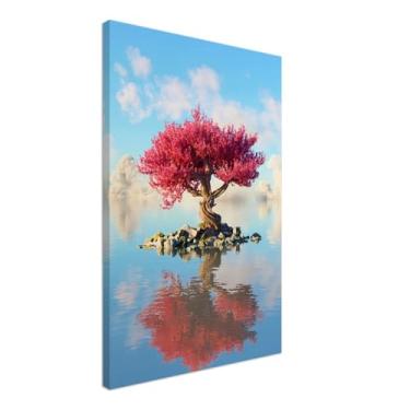 Imagem de PUREVACY Arte de parede de céu azul e árvore de flor rosa para sala de estar. Decoração de parede de quarto para acima da cama. Arte de árvore rosa para paredes estilo vertical 50 x 75 cm / 20 x 30 ″