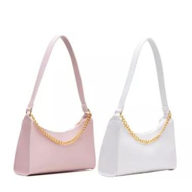 Imagem de Kit 2 Bolsas Femininas Baguetes Lisas Pequenas Correntes de Ombro e de Mão Rosa E Branco