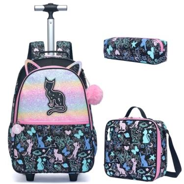 Imagem de ZBAOGTW Mochila com rodinhas para crianças com lancheira, mochila infantil com rodas para escola, Gato preto rosa, 16.5" x 11.8" x 7.9" (42cm x 30cm x 20cm), 20L