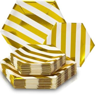 Imagem de Conjunto exclusivo de pratos de papel listrados dourados hexagonais - 26 cm e 19 cm (pacote com 36) - Design estampado - perfeito para festas, casamentos e uso diário