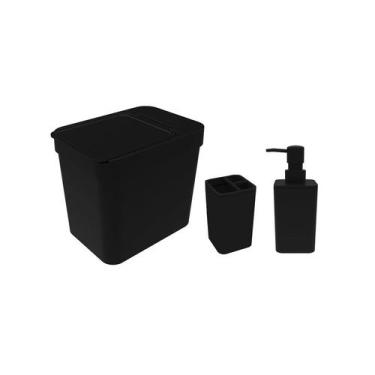 Imagem de Lixeira Preta Porta Sabonete Liquido e Algodao Banheiro 3un - SOPRANO
