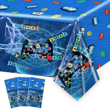 Imagem de 3 peças de toalha de mesa de videogame para meninos e meninas, crianças, jogadores, jogos, decorações de festa de aniversário, 137 x 272 cm