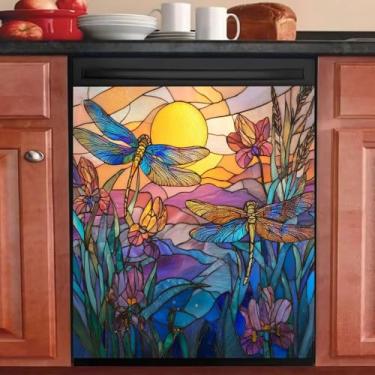 Imagem de Capa de ímã para lava-louças, ímã de libélula, adesivo de painel de geladeira, adesivo de vidro colorido para porta de máquina de lavar animal, decoração de porta magnética de cozinha doméstica, 58 cm