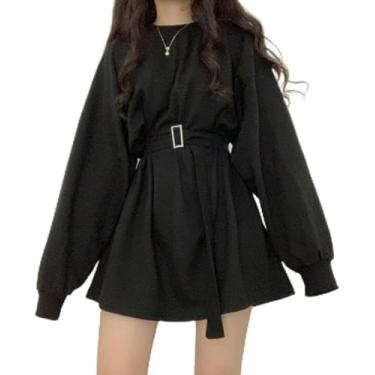 Imagem de Vestido De Manga Longa Para Mulheres Sólido Harajuku Retro Cintura Alta Casual Streetwear Moda De Outono Faixas Slim Estilo Coreano Aconchegante Linha A, Black, XL