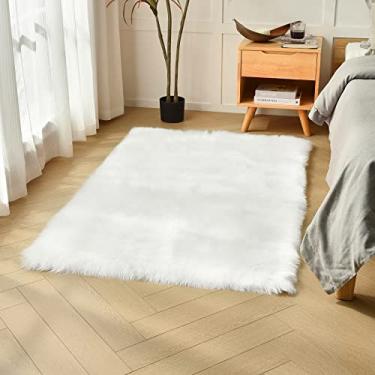 Imagem de duduta Tapete de pele de carneiro sintética branca 0,9 x 1,5 m, tapete felpudo fofo para quarto de dormir, berçário, sala de jogos, antiderrapante, lavável