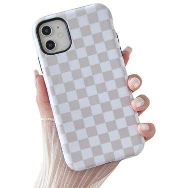 Imagem de Longlayss Capa de telefone compatível com iPhone 11 linda estética quadriculada para mulheres, meninas, à prova de choque, fina, TPU e capa protetora de policarbonato rígido (branco antigo)