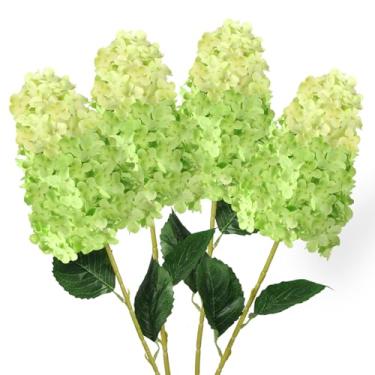 Imagem de GrainBuds 4 flores artificiais de hortênsia verde, haste longa de 33,5 cm de toque real, flores de seda de hortênsia falsa, para decoração de arranjos de flores de vaso alto, casa de fazenda familiar