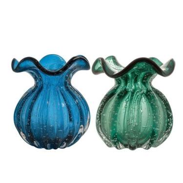 Imagem de Kit 2 Vaso Vidro Murano Trouxinha Flor Plantas Arranjos Azul e Verde E