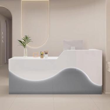 Imagem de Mesa De Recepção Com Balcão Balcão De Recepção Balcão De Recepção Mesa De Balcão De Escritório Em Madeira De Engenharia Com Iluminação Suave E Relaxante, Gray+white, 130cm