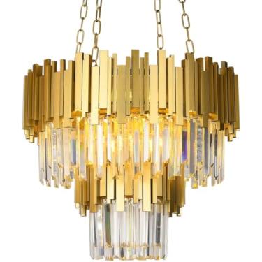 Imagem de Afficat Lustre de cristal moderno K9 dourado, luminária pendente de teto de cristal de luxo de 4 camadas D61 cm 15 luzes de ilha de cozinha para sala de estar, sala de jantar, ilha de cozinha (R24 pol