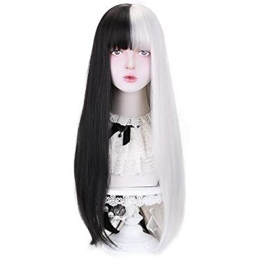 Imagem de STYLER Meia peruca preta metade branca com franja, peruca de cosplay de anime reta longa para mulheres, perucas de cabelo sintético resistente ao calor de Halloween