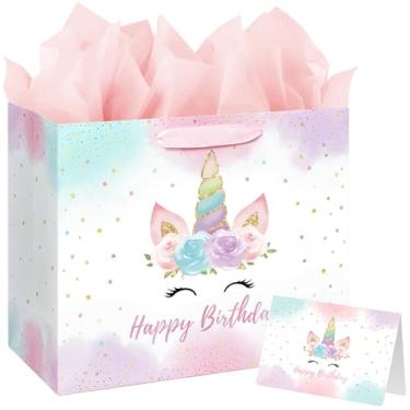 Imagem de Bolsa de presente de aniversário de unicórnio grande de 42 cm com cartão e papel de seda para bebês meninas e crianças aniversário (42 cm rosa)