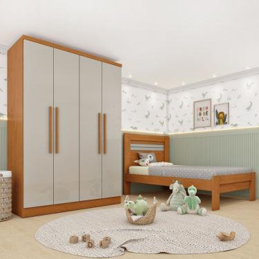 Imagem de Conjunto Infantil com Guarda Roupa e Cama 100% MDF Harmonia Espresso Móveis Cinamomo / Off White