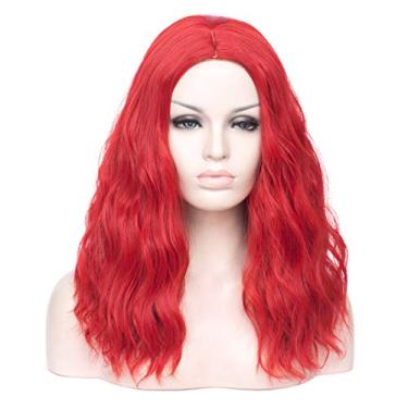 Imagem de BUFASHION Peruca sintética de 50,8 cm de comprimento, ondulada, marrom claro, para mulheres, meninas, cosplay, fantasia de Halloween, peruca com touca (vermelha)