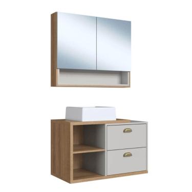 Imagem de Gabinete 80cm Helena Mel Arenas com Cuba Branca e Espelheira Com 2 Portas Armário para Banheiro