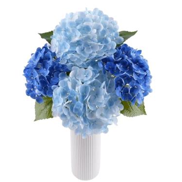 Imagem de 4 peças de flores artificiais de hortênsia azul, flor falsa de hortênsia para decoração de casa e família, flores falsas de toque real para mesa, flores grandes realistas para festa de casamento (azul
