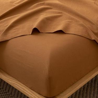 Imagem de MooMee Lençol de baixo com elástico 100% algodão lavado como linho texturizado respirável durável macio confortável bolso profundo cabe em colchões de até 43 cm (laranja escuro, casal)