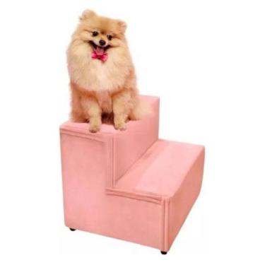 Imagem de Escadinha Escada Rampa Pet 2 Degraus Gato Cachorro Tecido Veludo Rosa 