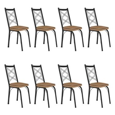 Imagem de Kit 8 Cadeiras de Cozinha Delaware Estampado Rattan Bege Pés de Ferro Preto - Pallazio