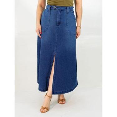 Imagem de Saia Jeans Feminina Longa Fenda Frontal Trama Texturizada Anticorpus-Feminino