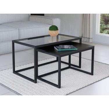 Imagem de Conjunto Mesa De Centro Industrial 65cm e 60cm Preto Duo Vidro e Madei