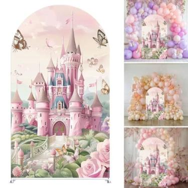 Imagem de KONPON Capa de fundo arqueado de castelo de princesa rosa para meninas, festa de aniversário, floral, borboleta, suporte arqueado, fantasia, conto de fadas, tema do país das maravilhas