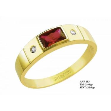 Imagem de Anel de Formatura em Ouro 18k com Pedra Central Retangular Rubi e Bril