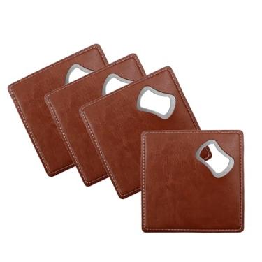 Imagem de Porta-copos de couro PU com abridor de garrafas, aço inoxidável, barman, cerveja, abridor de bebidas, antiderrapante, para bar, restaurante, cozinha, 4 peças