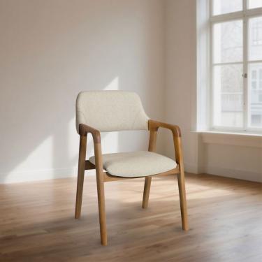 Imagem de Cadeira De Jantar Ruth Estrutura Em Madeira Maciça Design Retrô Contemporâneo Linho Bege