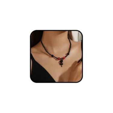 Imagem de sunglnl Colar de terço feminino, colar de corrente de contas pretas com pingente de rosa preta estilo gótico, joia de presente de Halloween, Large, Acrílico, Sem Pedra Preciosa