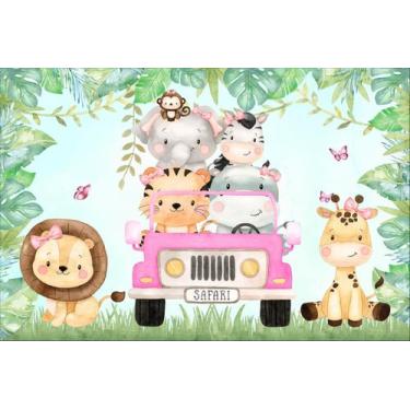 Imagem de Painel de Lona Animais Cute Lacinho Rosa no Jipe Safári e Borboletas R