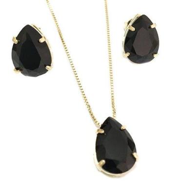 Imagem de Conjunto Brincos+colar Gota Folheado A Ouro Preto - FAMA FOLHEADOS