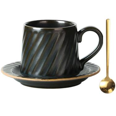 Imagem de Conjunto de xícara de chá e pires de cerâmica vintage com colher, caneca de café de porcelana retrô de 293 ml (esmalte azul ferro antigo)