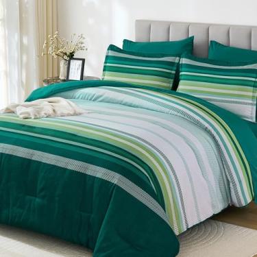 Imagem de Dobuyly Conjunto de edredom King Size verde-esmeralda, 7 peças, cama listrada boho em uma bolsa, microfibra macia, conjunto de cama com edredom, lençóis, fronhas e fronhas