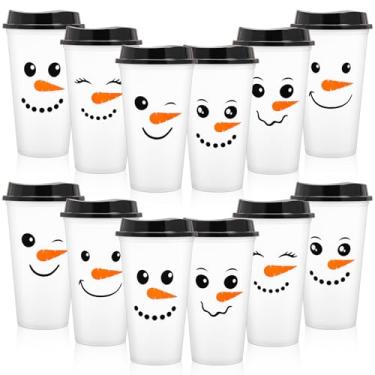 Imagem de Whaline Pacote com 12 xícaras de café reutilizáveis de Natal de 473 ml, com tampas, copo de plástico com rosto de boneco de neve, caneca de viagem para o inverno, suprimentos de festa de Natal